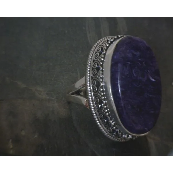 SS Bz Oval Charoite W Scrollwork Bezel Ring Vulcan's Forge LLC KANSAS CITY, MO