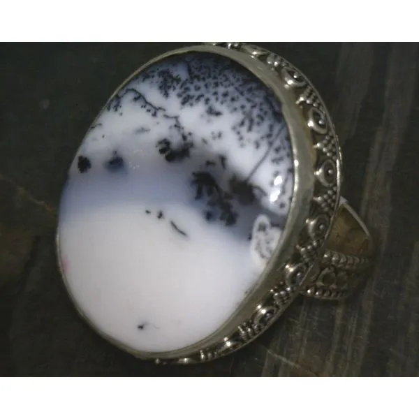 SS Cab Oval Dendritic Agate W Ornate Bz & Band Vulcan's Forge LLC KANSAS CITY, MO