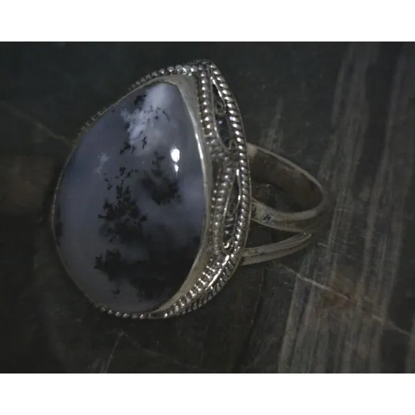 SS Cab Pear Dendritic Agate W Ornate Bz Ring Vulcan's Forge LLC KANSAS CITY, MO