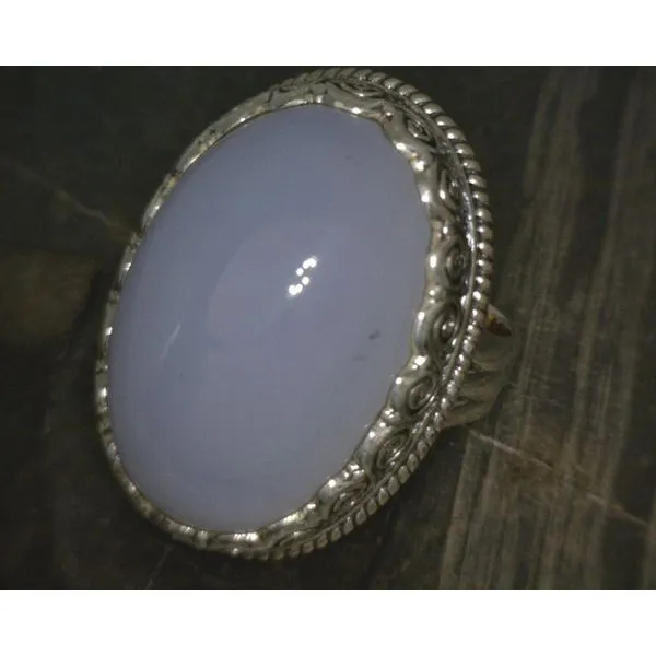 SS Cab Oval Blue Lace Agate W Ornate Bz Ring Vulcan's Forge LLC KANSAS CITY, MO