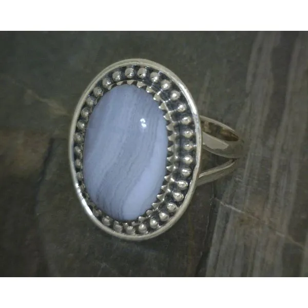 SS Cab Oval Blue Lace Agate W Bead Work Ring Vulcan's Forge LLC KANSAS CITY, MO