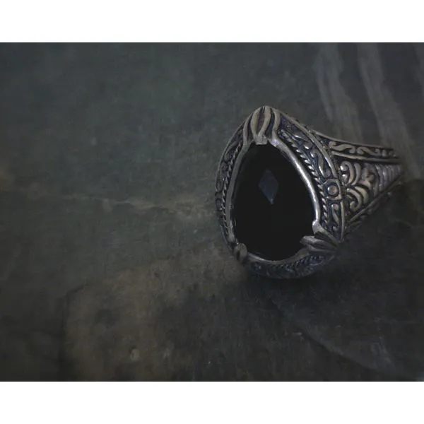 SS Pear Faceted Onyx W Ornate BZ Ring Vulcan's Forge LLC KANSAS CITY, MO