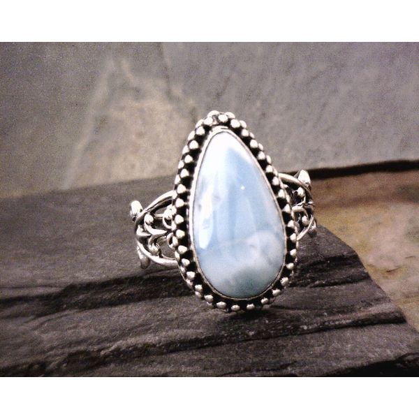 SS Tear Drop Cab Larimar W/ Scroll Work Band Vulcan's Forge LLC Kansas City, MO