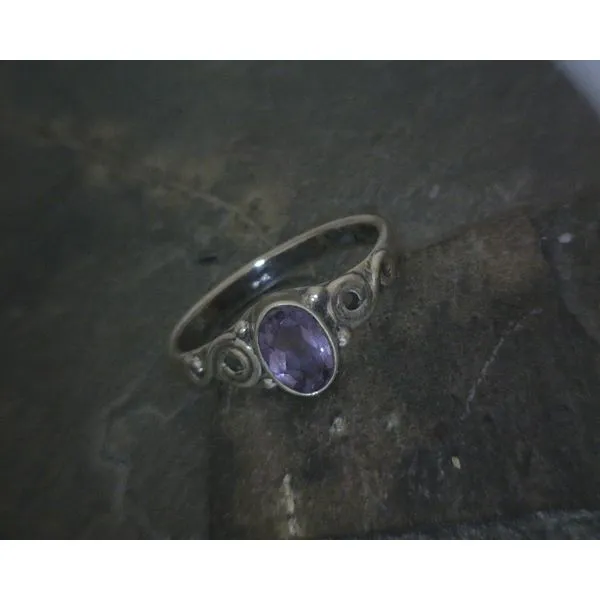 SS BZ Round Amethyst W/ Scroll Band Vulcan's Forge LLC KANSAS CITY, MO