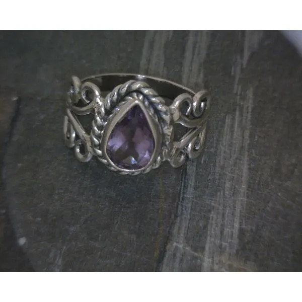 Ss Pear Amethyst W/ Rope& Scrollwork Band Vulcan's Forge LLC KANSAS CITY, MO
