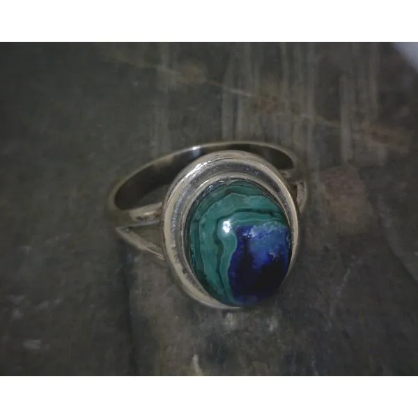 SS Oval Cab Malachite &Azurite Split Band Ring Vulcan's Forge LLC KANSAS CITY, MO