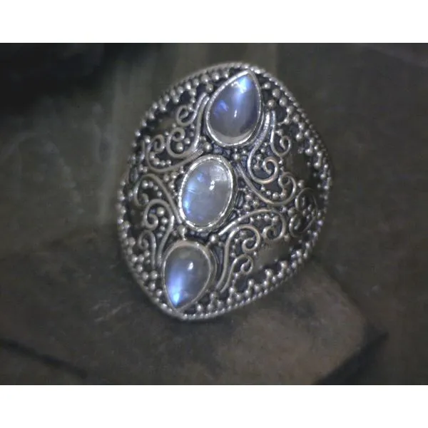 SS 3 Stone Cab Moonstone Ornate Ring Vulcan's Forge LLC KANSAS CITY, MO