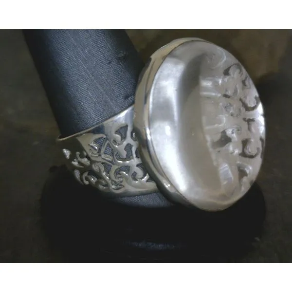 SS Large Round Cab Clear Quartz Over Ornate Cut Out Setting Band Ring Vulcan's Forge LLC KANSAS CITY, MO