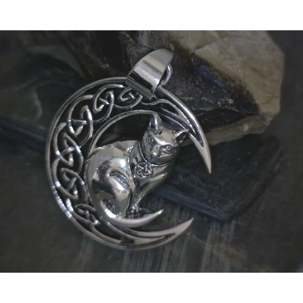 SS Cat Sitting In Crescent Moon W/ Scrollwork Cutout Pendant Vulcan's Forge LLC KANSAS CITY, MO