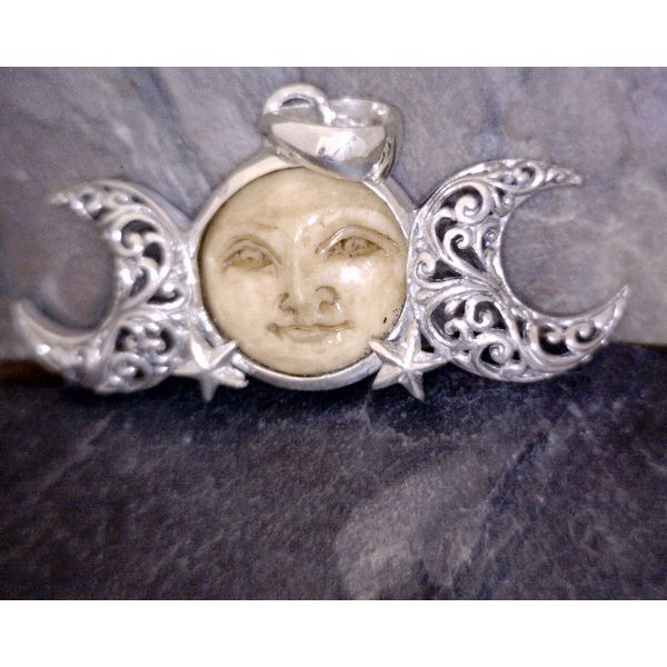 Sterling Moon Phase Pendant With Carved Bone Face Vulcan's Forge LLC Kansas City, MO