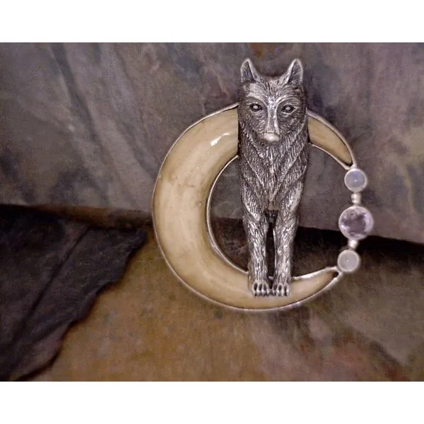 Sterling Silver Wolf w/carved Bone Moon Vulcan's Forge LLC Kansas City, MO