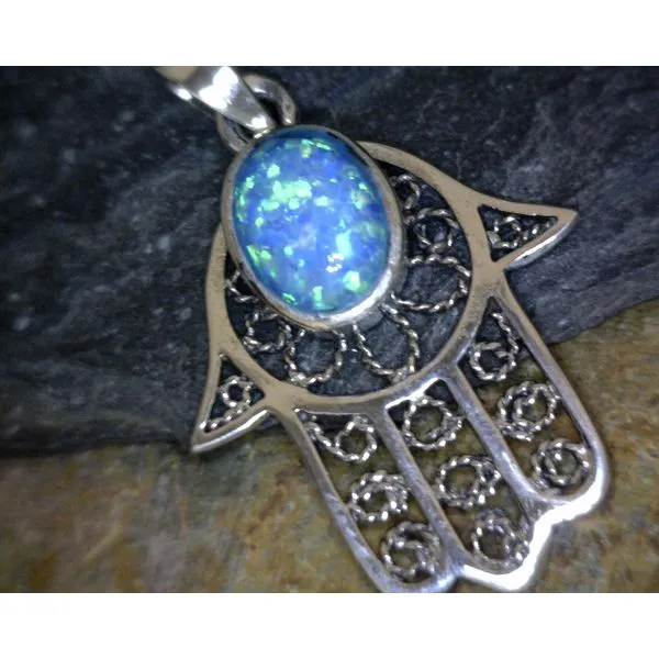 Sterling Silver Hamsa Lab Opal Pendant Vulcan's Forge LLC Kansas City, MO