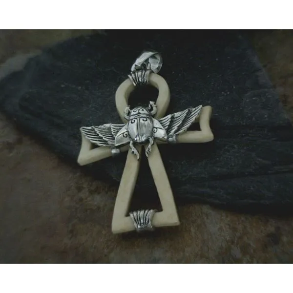 Sterling Scarab on Ankh with Bone Pendant Vulcan's Forge LLC Kansas City, MO