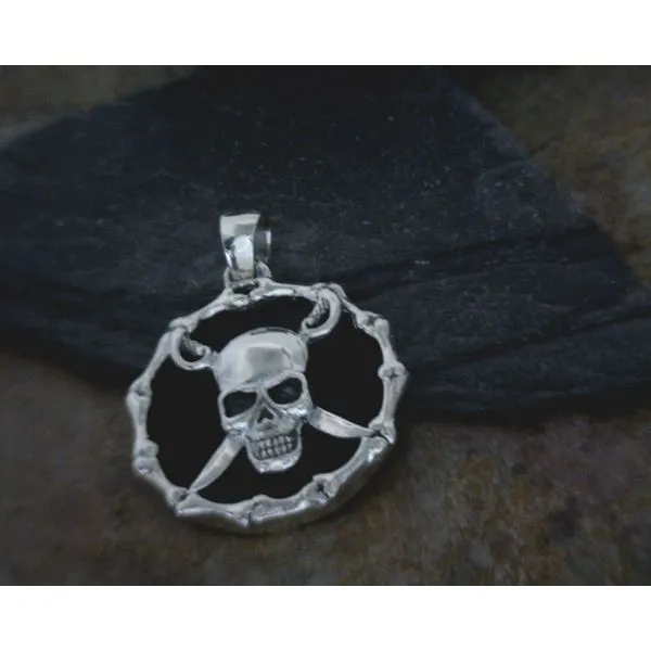 Sterling Skull with Cross Swords with Onyx Pendant Vulcan's Forge LLC Kansas City, MO