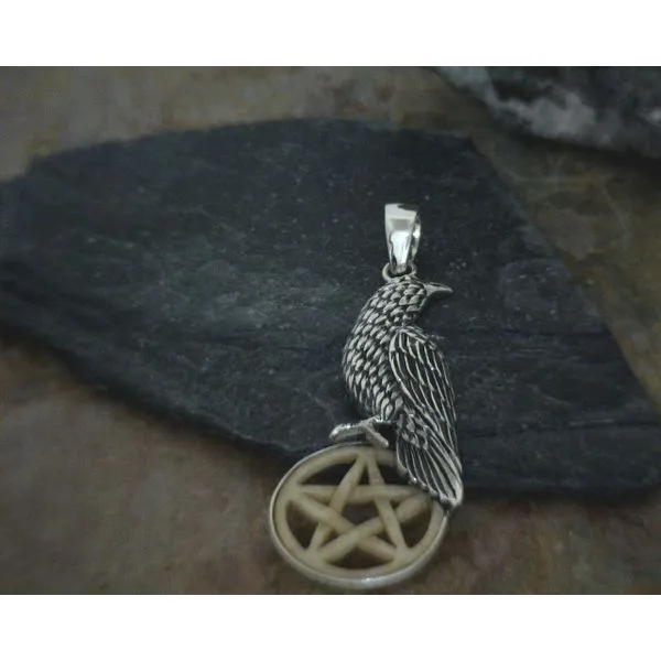 Sterling Raven on Bone Pentacle Pendant Vulcan's Forge LLC Kansas City, MO