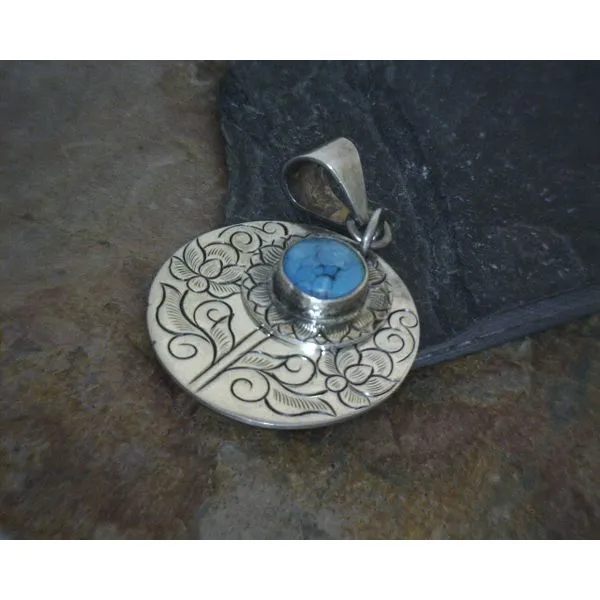 Sterling Turquoise With Engraved Flower Design Pendant Vulcan's Forge LLC Kansas City, MO