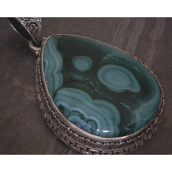 SS Bz Cab Pear Malachite Pendant With Scrollwork Vulcan's Forge LLC Kansas City, MO