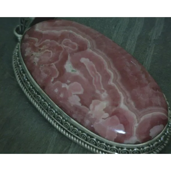 SS Bz Cab Pear Rhodochrosite Pendant With Scrollwork Vulcan's Forge LLC Kansas City, MO