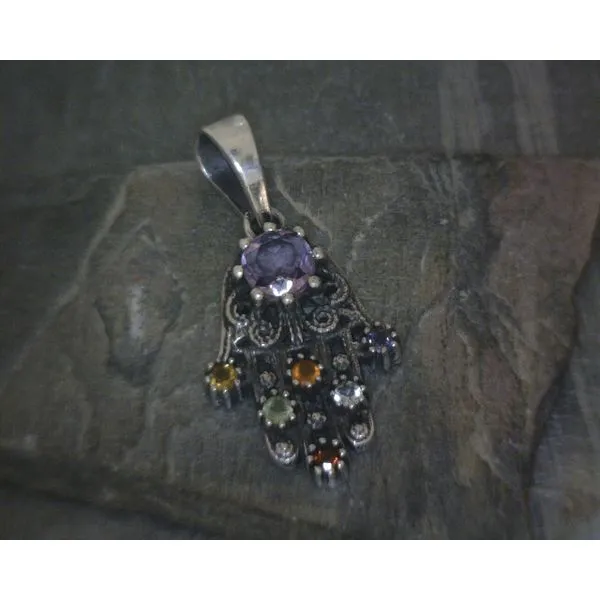 SS Hand of Hamsa With Faceted Multi Stones Pendant Vulcan's Forge LLC Kansas City, MO