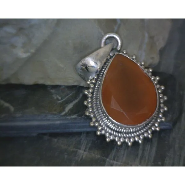 SS Tear Drop Faceted Carnelian W/ Rope And Bead Detail Pendant Vulcan's Forge LLC Kansas City, MO