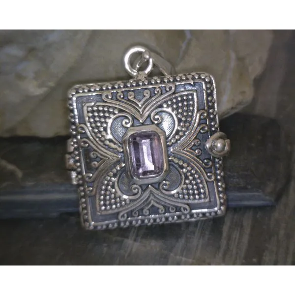 SS Square Locket With Scrollwork & Amethyst Vulcan's Forge LLC KANSAS CITY, MO