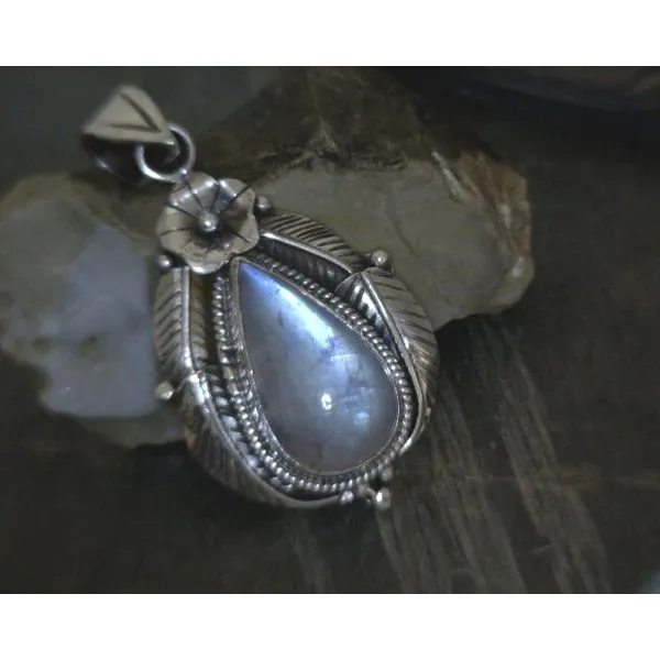 SS Teardrop Cab Moonstone In Floral & Leaf Setting Pendant Vulcan's Forge LLC KANSAS CITY, MO