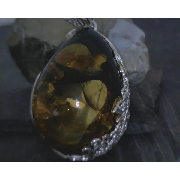 SS BZ Large Round Teardrop Amber W/ Floral Cutout Details Pendant Image 2 Vulcan's Forge LLC KANSAS CITY, MO