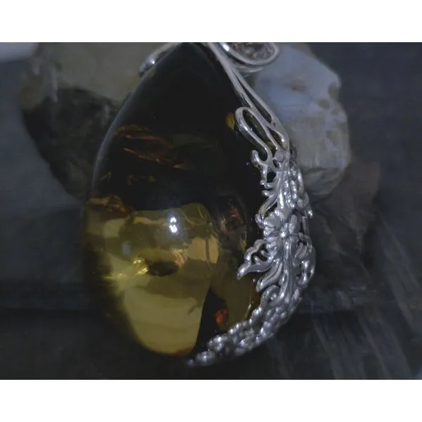 SS BZ Large Round Teardrop Amber W/ Floral Cutout Details Pendant Vulcan's Forge LLC KANSAS CITY, MO