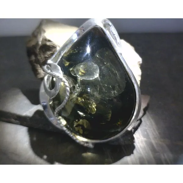 SS BZ Large Freeform Green Amber W/ Rope Details Pendant Vulcan's Forge LLC KANSAS CITY, MO