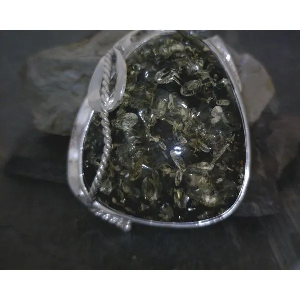 SS BZ Large Freeform Green Amber W/ Rope Details Pendant Vulcan's Forge LLC KANSAS CITY, MO