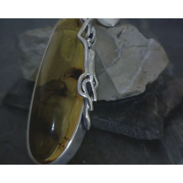 SS BZ Large Freeform Amber W/ Wavy Metal Accent Pendant Vulcan's Forge LLC KANSAS CITY, MO