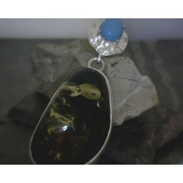 SS BZ  Freeform Green Amber W/ Turquoise Accent Bail  Pendant Vulcan's Forge LLC KANSAS CITY, MO