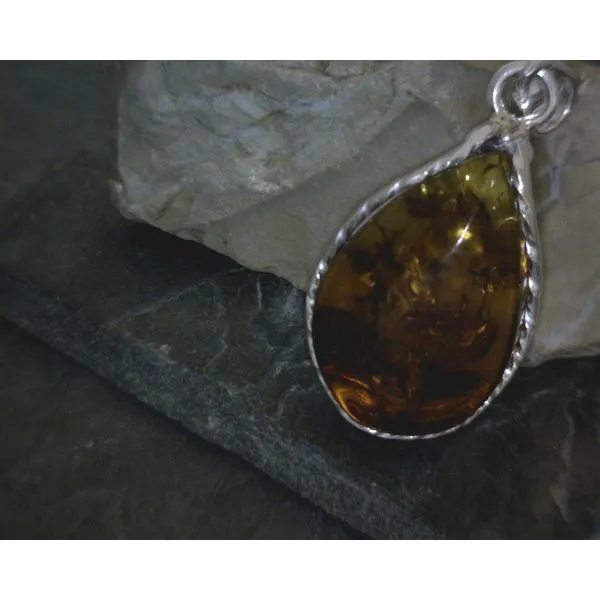 SS BZ Teardrop Amber W/Wavy Metal Pendant Vulcan's Forge LLC KANSAS CITY, MO