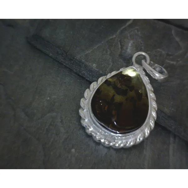 SS BZ Teardrop Amber W/ Rope Details Pendant Vulcan's Forge LLC KANSAS CITY, MO