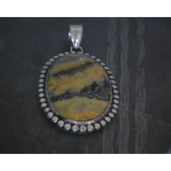 SS BZ Cab Oval Bumble Bee Jasper W Bead Detail Pendant Vulcan's Forge LLC KANSAS CITY, MO