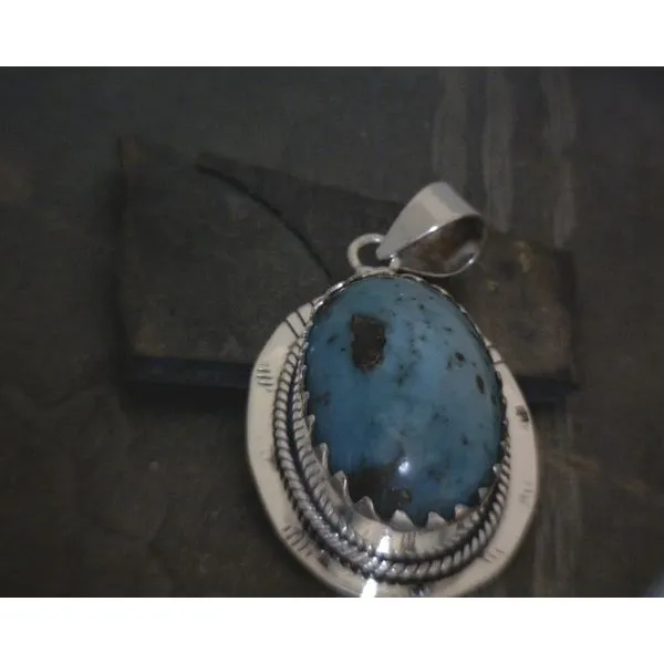 SS  Bz Cab Oval Turquoise W Ornate Bezel Pendant Vulcan's Forge LLC KANSAS CITY, MO