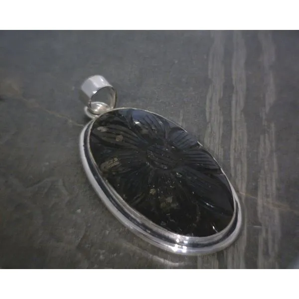 SS BZ Cab Oblong Oval Carved Floral Labradorite Pendant Vulcan's Forge LLC KANSAS CITY, MO