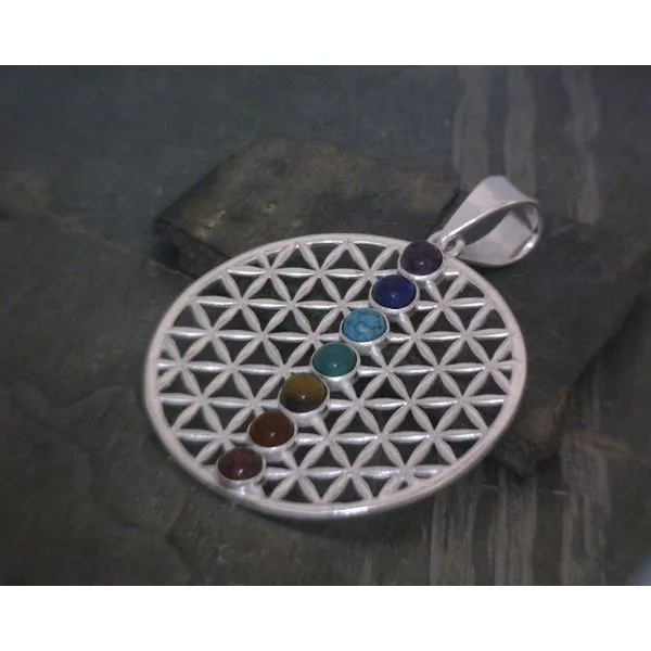 SS Bz Round Multi Stone Chakra  W Geometric Background Pendant Vulcan's Forge LLC KANSAS CITY, MO