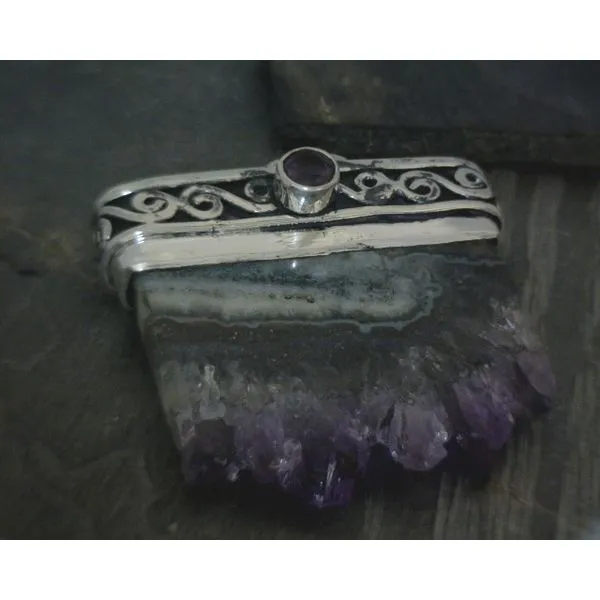 SS BZ Amethyst Slice W Scrollwork Setting Pendant Vulcan's Forge LLC KANSAS CITY, MO