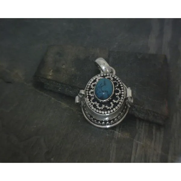 SS BZ Oval Turquoise W Ornate Detail Poison Style Pendant Vulcan's Forge LLC KANSAS CITY, MO