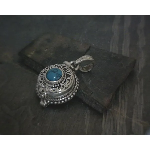 SS BZ Round Turquoise W Ornate Detail Poison Style Pendant Vulcan's Forge LLC KANSAS CITY, MO