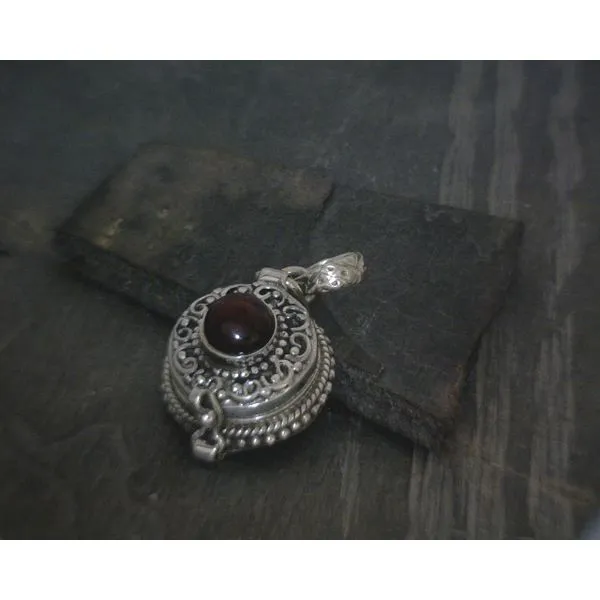 SS BZ Round Garnet W Ornate Detail Poison Style Pendant Image 2 Vulcan's Forge LLC KANSAS CITY, MO