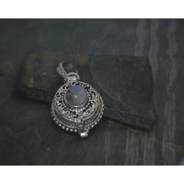 SS BZ Round Moonstone W Ornate Detail Poison Style Pendant Image 2 Vulcan's Forge LLC KANSAS CITY, MO