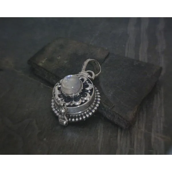 SS BZ Round Moonstone W Ornate Detail Poison Style Pendant Image 2 Vulcan's Forge LLC KANSAS CITY, MO