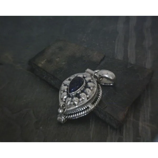 SS BZ Teardrop Lapis W Ornate Detail Poison Style Pendant Vulcan's Forge LLC KANSAS CITY, MO