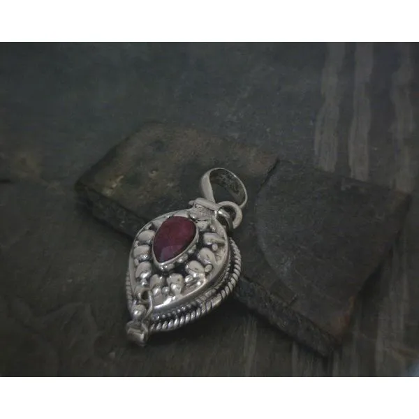 SS BZ Teardrop Ruby W Ornate Detail Poison Style Pendant Vulcan's Forge LLC KANSAS CITY, MO