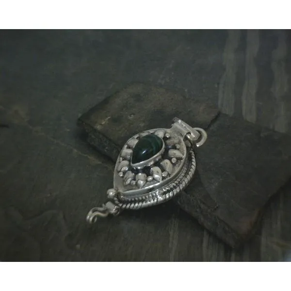 SS BZ Teardrop Malachite W Ornate Detail Poison Style Pendant Vulcan's Forge LLC KANSAS CITY, MO