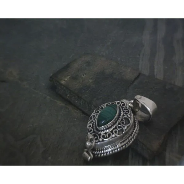 SS BZ Teardrop Malachite W Ornate Detail Poison Style Pendant Vulcan's Forge LLC KANSAS CITY, MO