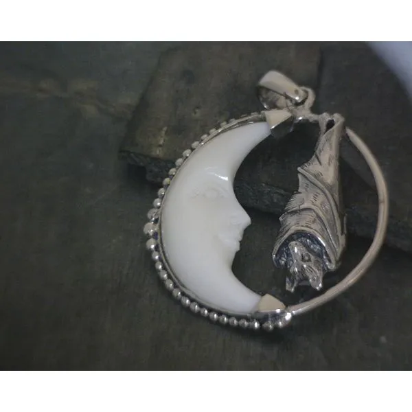 SS Hanging Bat W/White Bone Moon Pendant Vulcan's Forge LLC KANSAS CITY, MO