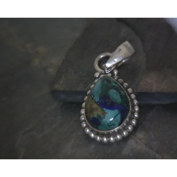 SS Pear Cab Malachite & Azurite Pendant Vulcan's Forge LLC KANSAS CITY, MO